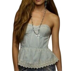 Ralph Lauren Denim Chambray Women's Strapless Lace Trim Top - Light Blue